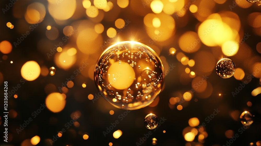 Aufkleber golden abstract bubbles macro close-up of liquid orbs with sparkling bokeh background.