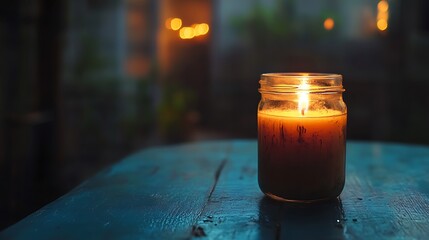 Rustic candle in a mason jar on blue table