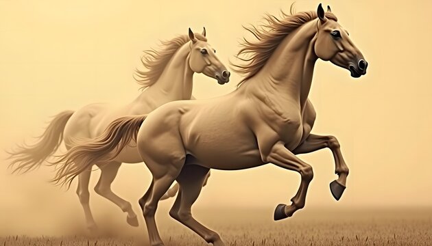 Majestic Gallop: Two Palomino Horses Running Free in Golden Hour
