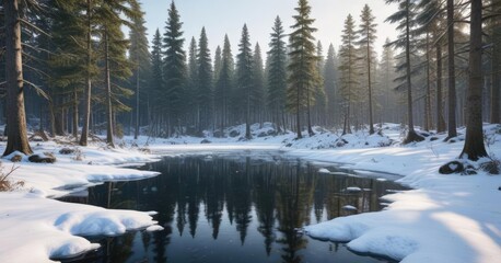 A snowy forest with tall trees and a frozen pond in the background, winter wonderland, snowy forest, serene atmosphere