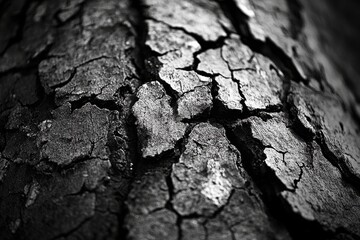 Fototapeta premium Black and White Close-up of Rough Textured Tree Bark with Cracks and Furrows.