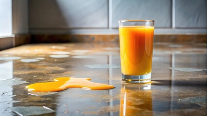 A puddle of orange juice forms on the floor after a spill, kitchen, accident, liquid