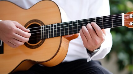 Man playing acoustic guitar in a cozy room with warm lighting and wooden decor