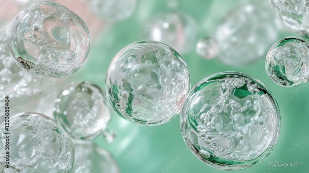 Poster bubbles floating in a fluid medium with a soft pastel background