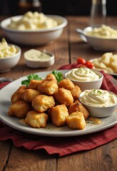 Fototapeta premium A plate of juicy nuggets served with a generous helping of mashed potatoes topped with a dollop of creamy mayonnaise , comfort, morning, breakfast