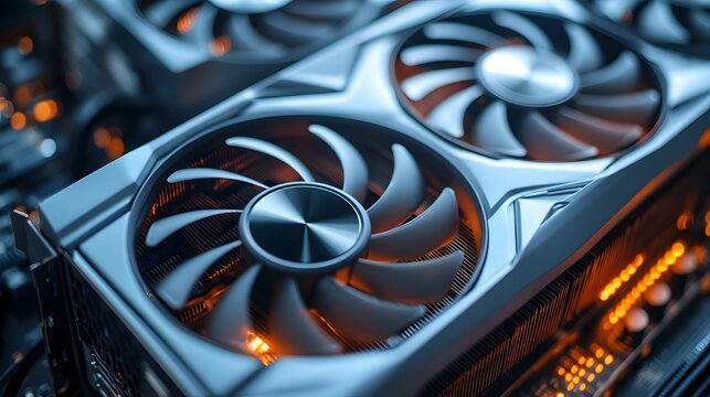 Modern white computer GPU cooling fans showcase detailed graphics card components with clean technology aesthetic, metallic finish, and precise mechanical details in premium gaming hardware.
