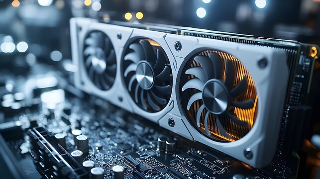 Modern white computer GPU cooling fans showcase detailed graphics card components with clean technology aesthetic, metallic finish, and precise mechanical details in premium gaming hardware.