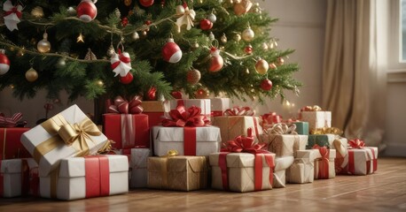 A pile of presents under the Christmas tree with ribbons and bows, festive decor, christmas tree