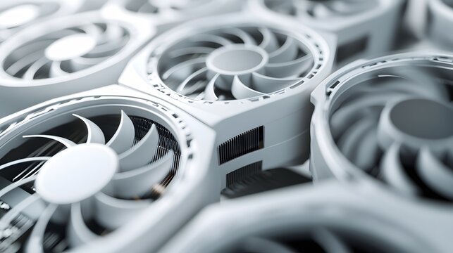 Modern white computer GPU cooling fans showcase detailed graphics card components with clean technology aesthetic, metallic finish, and precise mechanical details in premium gaming hardware.