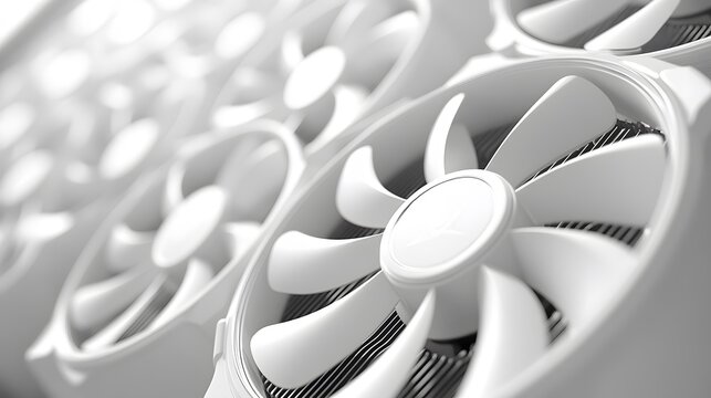 Modern white computer GPU cooling fans showcase detailed graphics card components with clean technology aesthetic, metallic finish, and precise mechanical details in premium gaming hardware.