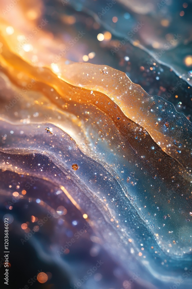 Poster abstract shimmering fluid waves background with bokeh lights and glittering particles.