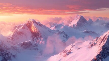Majestic Sunset Over Snowy Mountain Peaks