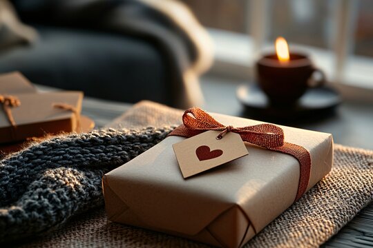 Valentine's Day gift wrapped in brown paper with a red and white string and a red heart tag, ideal for festive and romantic occasions