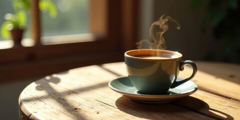 Warm morning beverage in a teal cup on rustic wood table