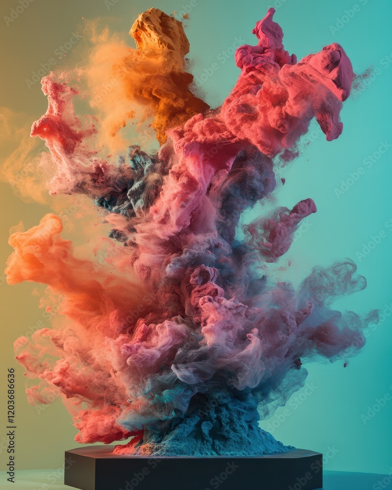 Poster abstract multi-colored ink cloud bursting from a black base on a gradient background.