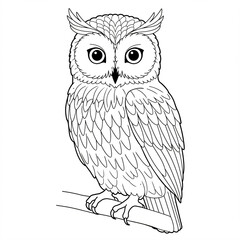 Line drawing of an owl perched on a branch with detailed feathers and large eyes.