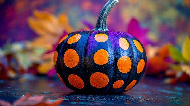 Vibrant polka dot pumpkin surrounded by autumn leaves in a colorful setting