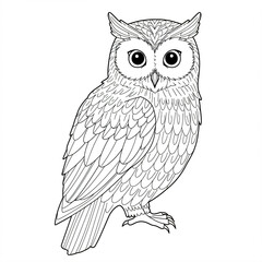 Line drawing of an owl with detailed feather patterns.