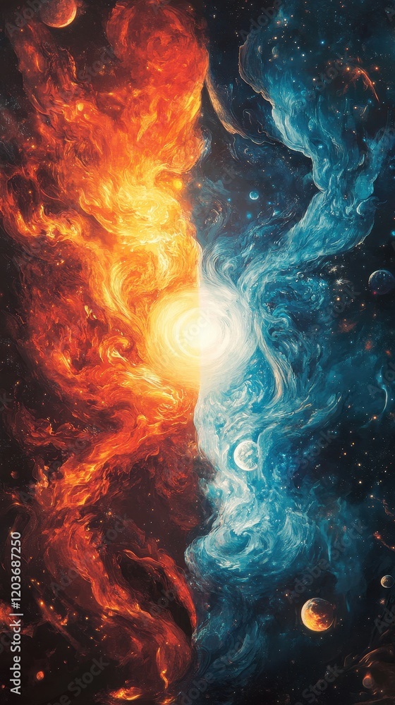 Aufkleber dynamic cosmic collision abstract digital art of fire and ice in space.