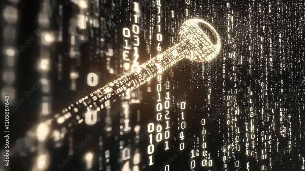 Poster cybersecurity key concept. abstract glowing key formed from binary code, perfect for illustrating di