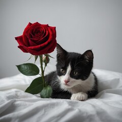 "A small black-and-white kitten resting beside a single red rose, the flower&rsquo;s bright hue glowing softly against the white backdrop."