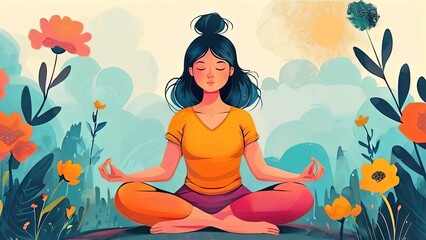 Colorful illustration of a meditating girl in the lotus position