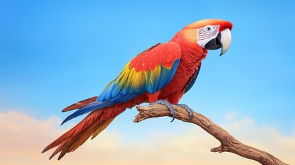 Obraz premium A vibrant red macaw is depicted perched on a branch, its colorful feathers contrast beautifully against a clear blue sky in the background