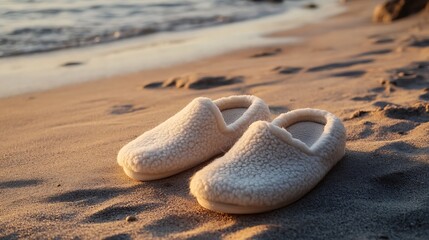 Simple fleece slippers in muted tones on beach background