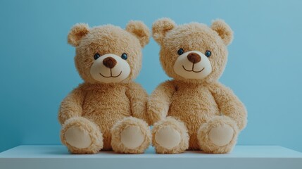 Obraz premium Two Adorable Teddy Bears Sitting Together on a Simple White Surface Against a Light Blue Background