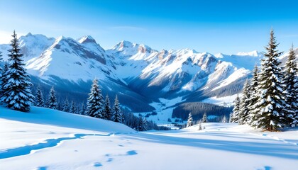 Fototapeta premium Scenic Winter View of Snowy Mountains and Forested Valley
