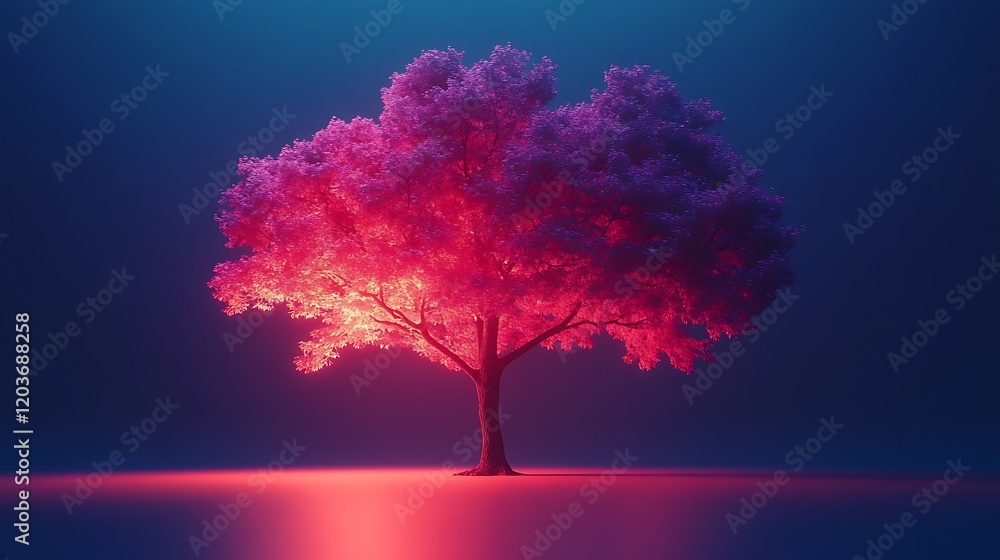 Aufkleber neon glow tree: a vibrant pink and blue color scheme illuminates a solitary tree, creating a surreal