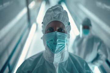 Portrait of surgeon wearing scrubs and protective glasses in hospital operating theater. Neural network ai generated art