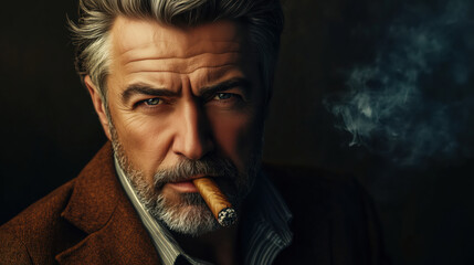 Fototapeta premium Handsome mature man smoking cigar. Portrait of elegant middle aged bearded man with cigar