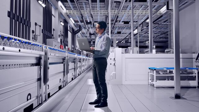 Full Body Side View Of An Asian Male Professional Worker Standing With His Laptop With Water Production in Bottling Factory, Typing And Dissapionted With Nodding His Head 