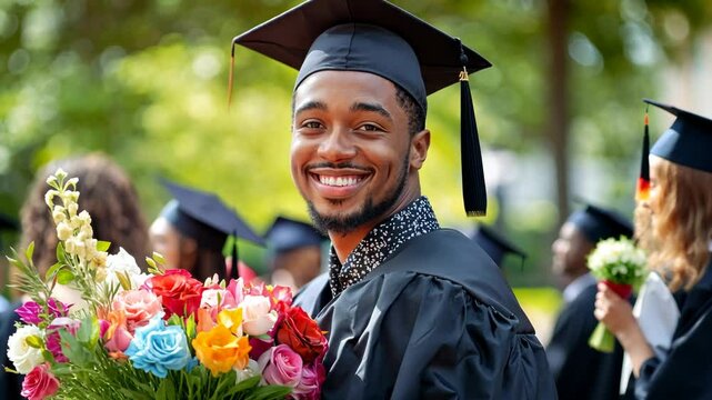 A young man in graduation gown receiving flowers from family members during a ceremony at the university, smiling and looking away, with copy space for text on the right side. 