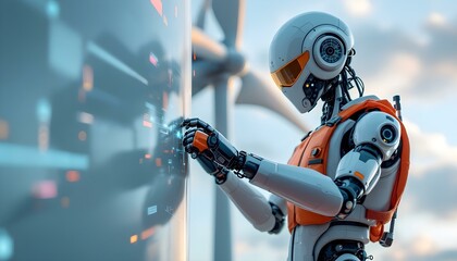 Innovative Technology, Humanoid Robot Operating Digital Control Panel in Renewable Energy Setting