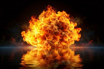 Fiery Explosion with Water Reflection: Dramatic Burn Flame Overlay on Black Background