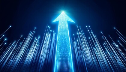 A glowing upward arrow made of light particles, surrounded by vertical lines with glowing tips