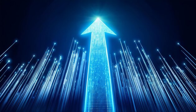 A glowing upward arrow made of light particles, surrounded by vertical lines with glowing tips