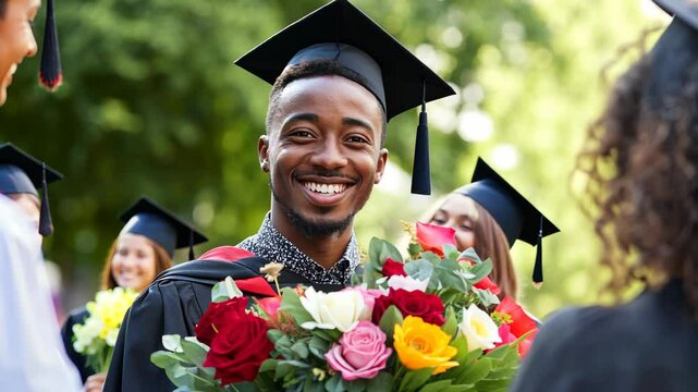 A young man in graduation gown receiving flowers from family members during a ceremony at the university, smiling and looking away, with copy space for text on the right side. 