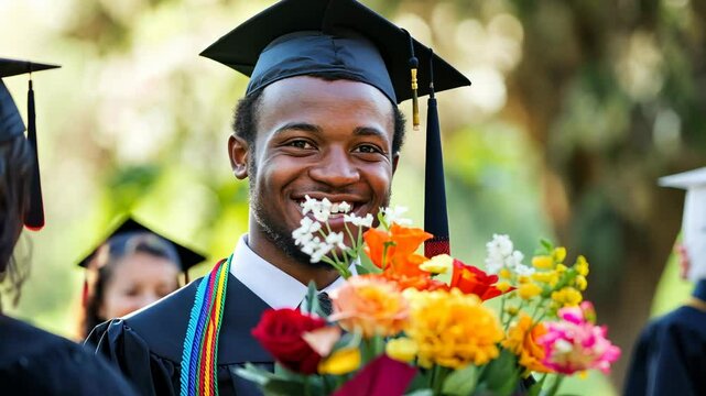 A young man in graduation gown receiving flowers from family members during a ceremony at the university, smiling and looking away, with copy space for text on the right side. 
