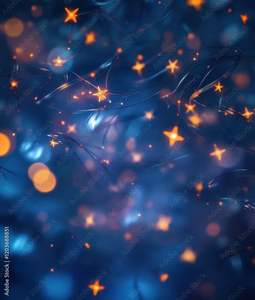 Poster elegant abstract background of flowing lines and star-shaped lights on deep blue with bokeh.