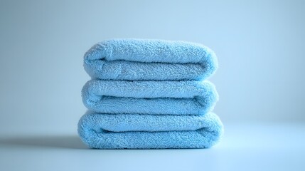 Soft blue cotton towels stack neatly folded, showcasing plush luxury bathroom textiles with high-quality fabric texture in pale blue theme, creating spa-like atmosphere against white background.