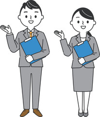 スーツを着た男女が案内　全身　ベクター