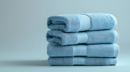 Soft blue cotton towels stack neatly folded, showcasing plush luxury bathroom textiles with high-quality fabric texture in pale blue theme, creating spa-like atmosphere against white background.