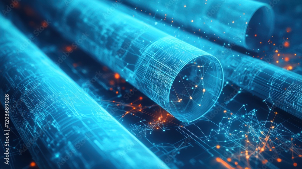 Poster futuristic digital tubes with glowing lines and particles in a high-tech environment