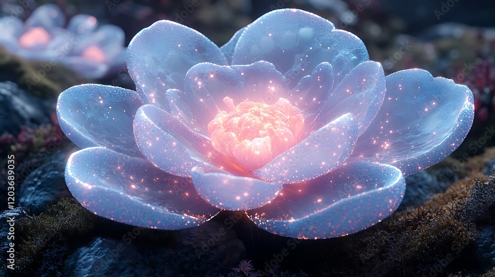 Poster ethereal bloom: a single, shimmering blossom, radiating a soft inner light. the delicate petals seem