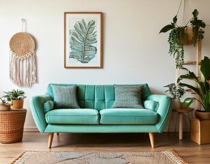 Fototapeta premium Stylish scandinavian living room interior with design mint sofa, furnitures, mock up poster map, plants, and elegant personal accessories. Home decor. Interior design.
