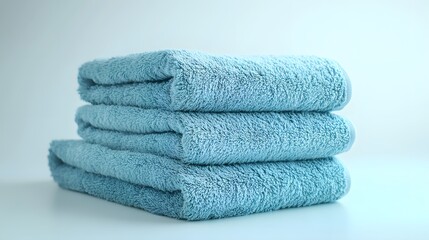 Soft blue cotton towels stack neatly folded, showcasing plush luxury bathroom textiles with high-quality fabric texture in pale blue theme, creating spa-like atmosphere against white background.