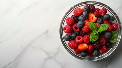 A vibrant bowl of assorted fresh berries with mint on a marble countertop.